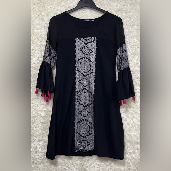AKKRITI Black Boho Bell Sleeve Tassels Dress Viscose - Picture 2 of 10
